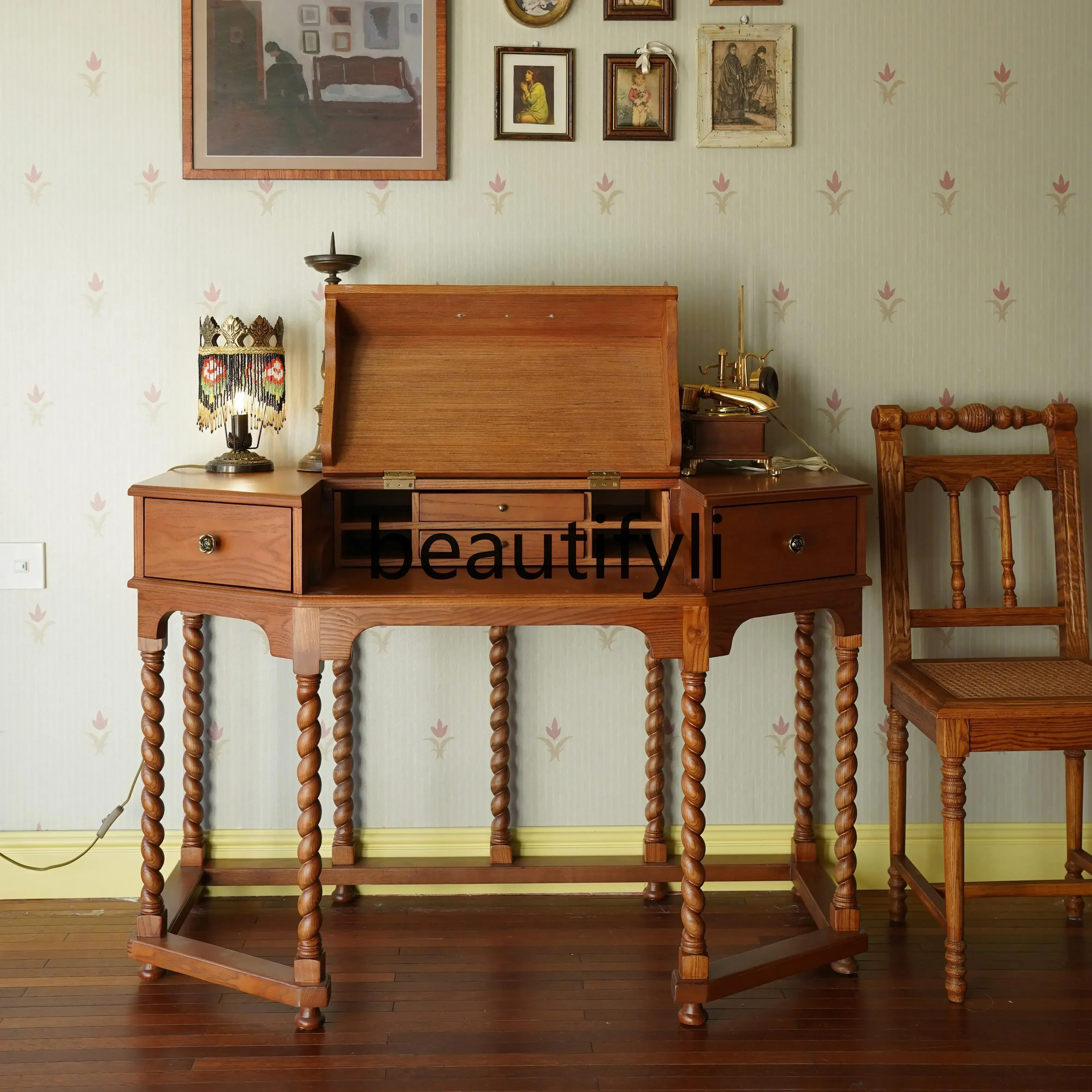 

yj9 Desk/Dresser Solid Wood Retro Flip Storage Makeup Table