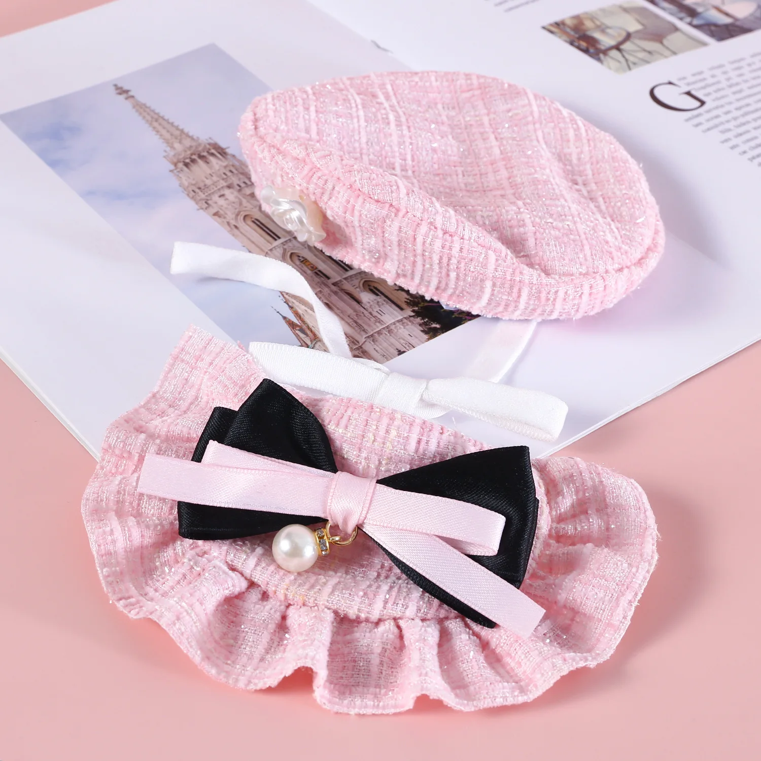 Haustier Katze Strickmütze Set Prinzessin duftende Baskenmütze Perle Schleife Blume Hund Hüte Paddel Set für Teddybär Welpen Katze Party Dress Up – Detail 6
