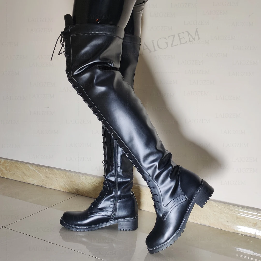 BERZIMER Women Over Knee Boots Faux Leather Heels Comfortable Tall Boots Unisex Ladies Shoes Woman Big Size 33 38 41 44 45 50