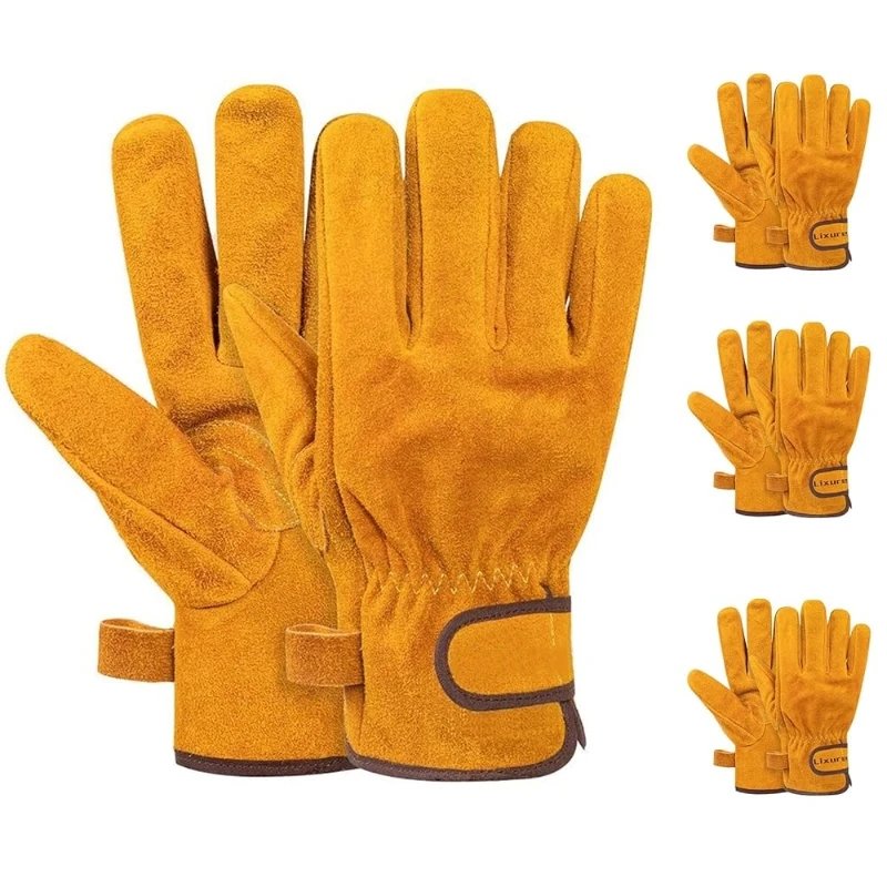 Men Cowhide Leather Work Gloves Adjustable Wrist Cowhide Welding Gloves with Reinforced Palm for Gardening Farm Ranch Chainsaw