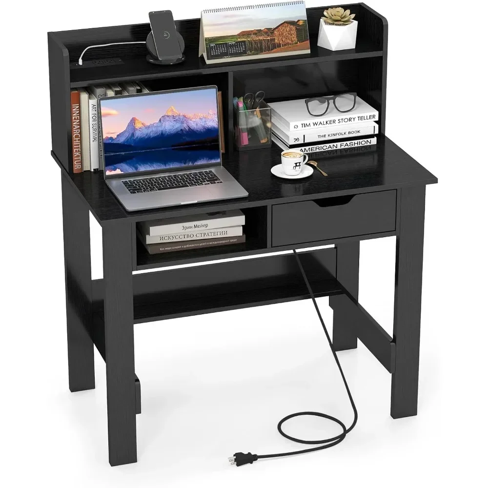 Computer Desk with Hutch, Home Office Desk with Power Outlets, USB Ports, Type-C, Storage Shelf & Drawer, Organized Workspace So