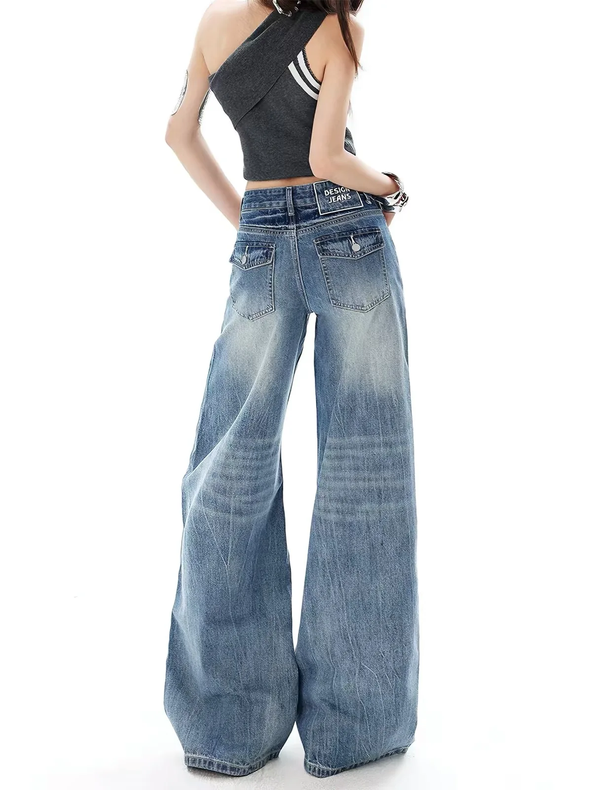 Retro Style Embroidered Washed Straight Leg Casual Pants for Women High Waist Wide Leg Jeans Casual Comfortable Fit