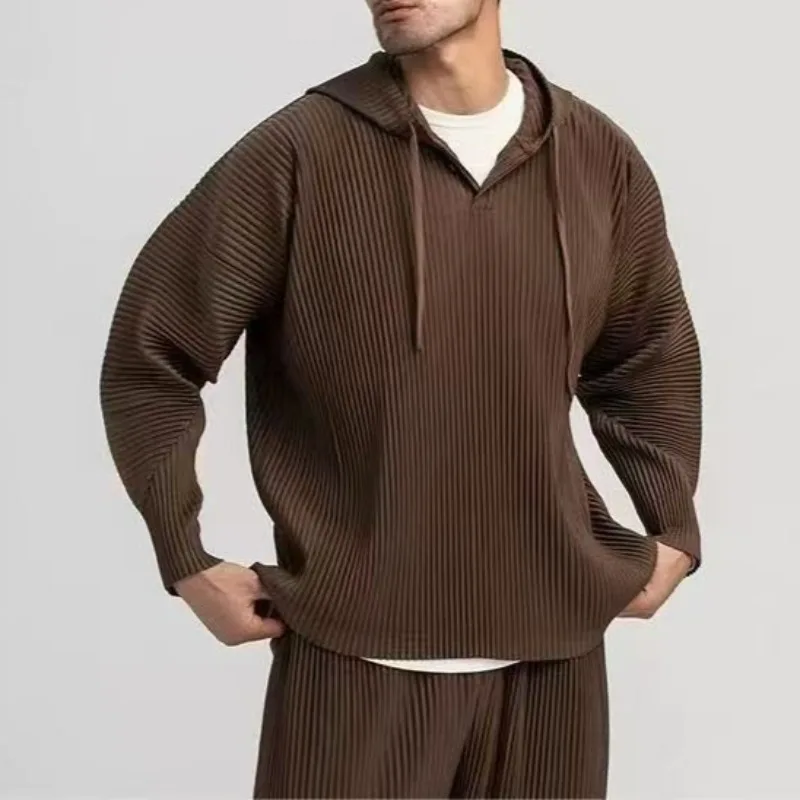 

Классическая плиссированная толстовка с капюшоном в японском стиле Miyake, свободная повседневная простая пуловерная толстовка с капюшоном на шнурке, мужская одежда без морщин