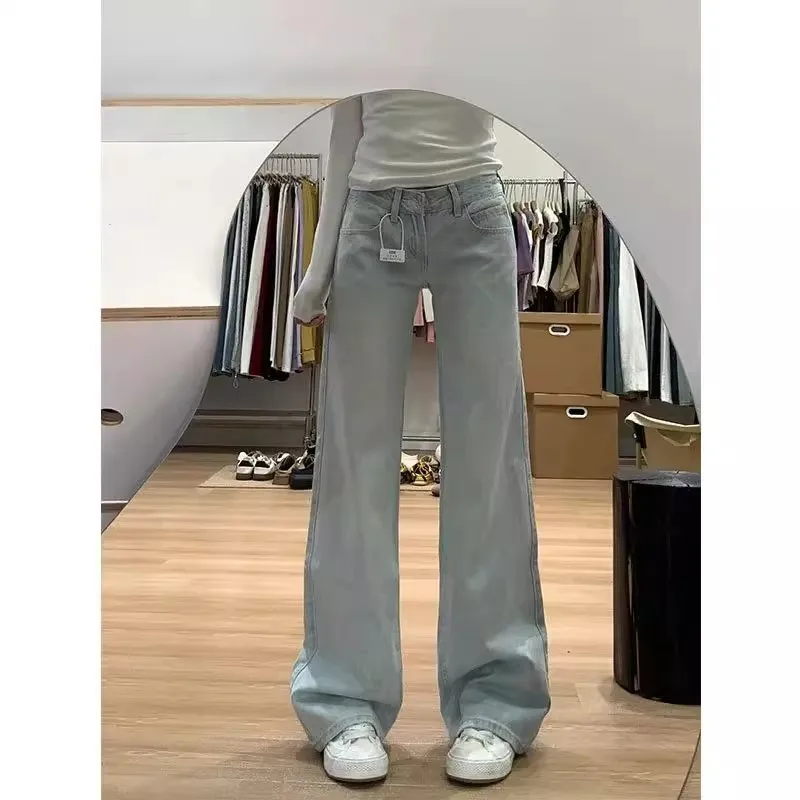 

Y2K Light Blue Straight Leg Jeans Women Retro Low Waist Versatile Loose Fit Distressed Wide Leg Floor Length Pants