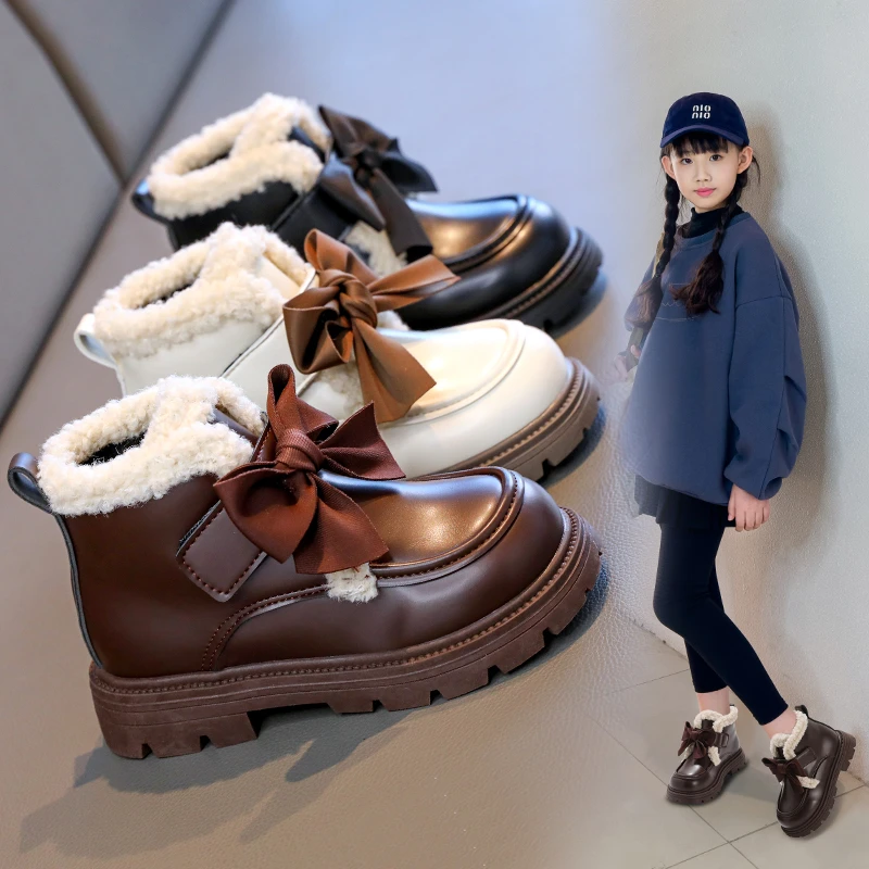 

Children's Boots 2025 New Winter English Style Thick Soled Girls Shoes Plush School Casual Shoes Warm Non-slip Cotton Shoes