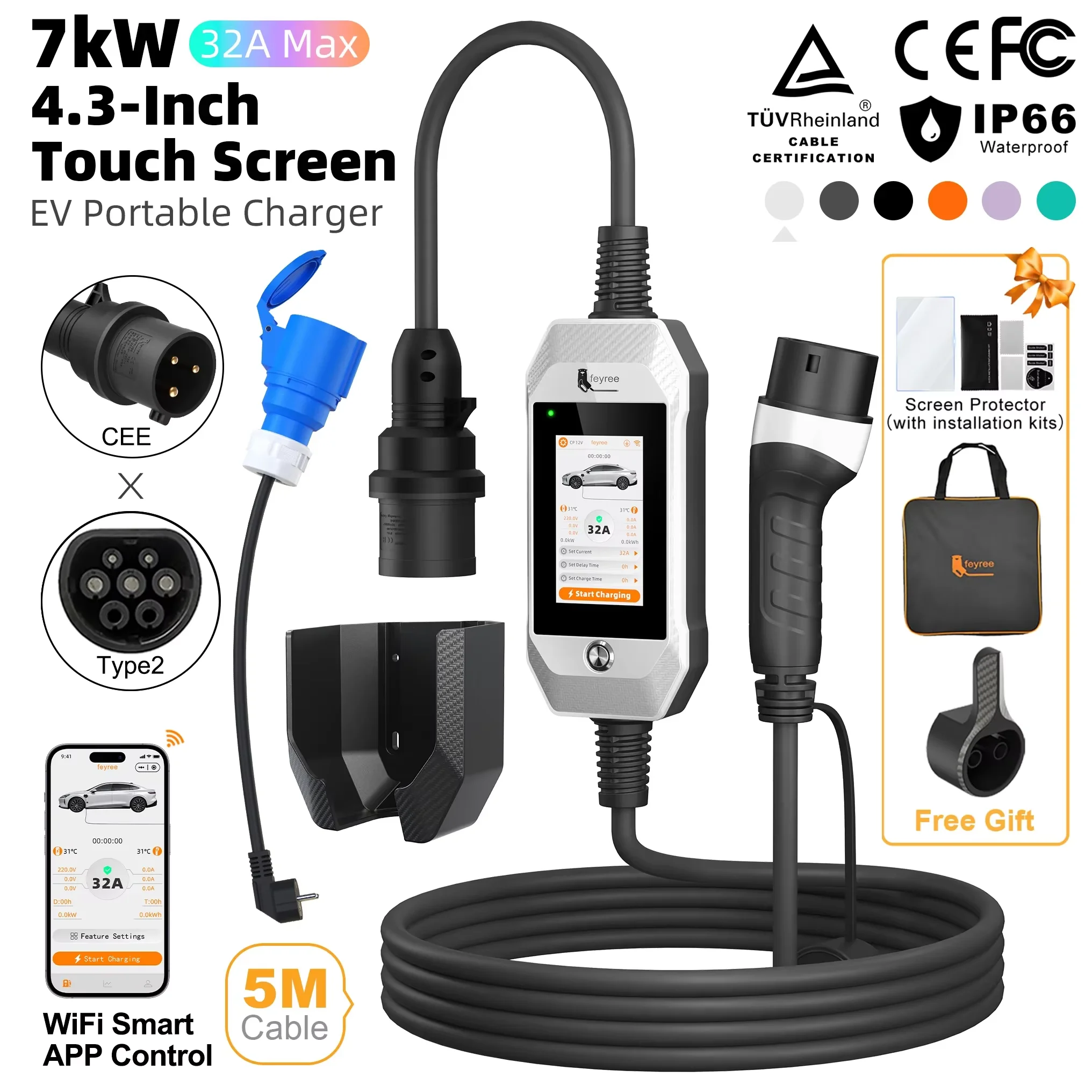 Feyree 7kW 4.3 Inch Touch ScreenEV Charger Type2 Portable Charging Plug with Smart Wifi APP AC Home Charger Professional Design