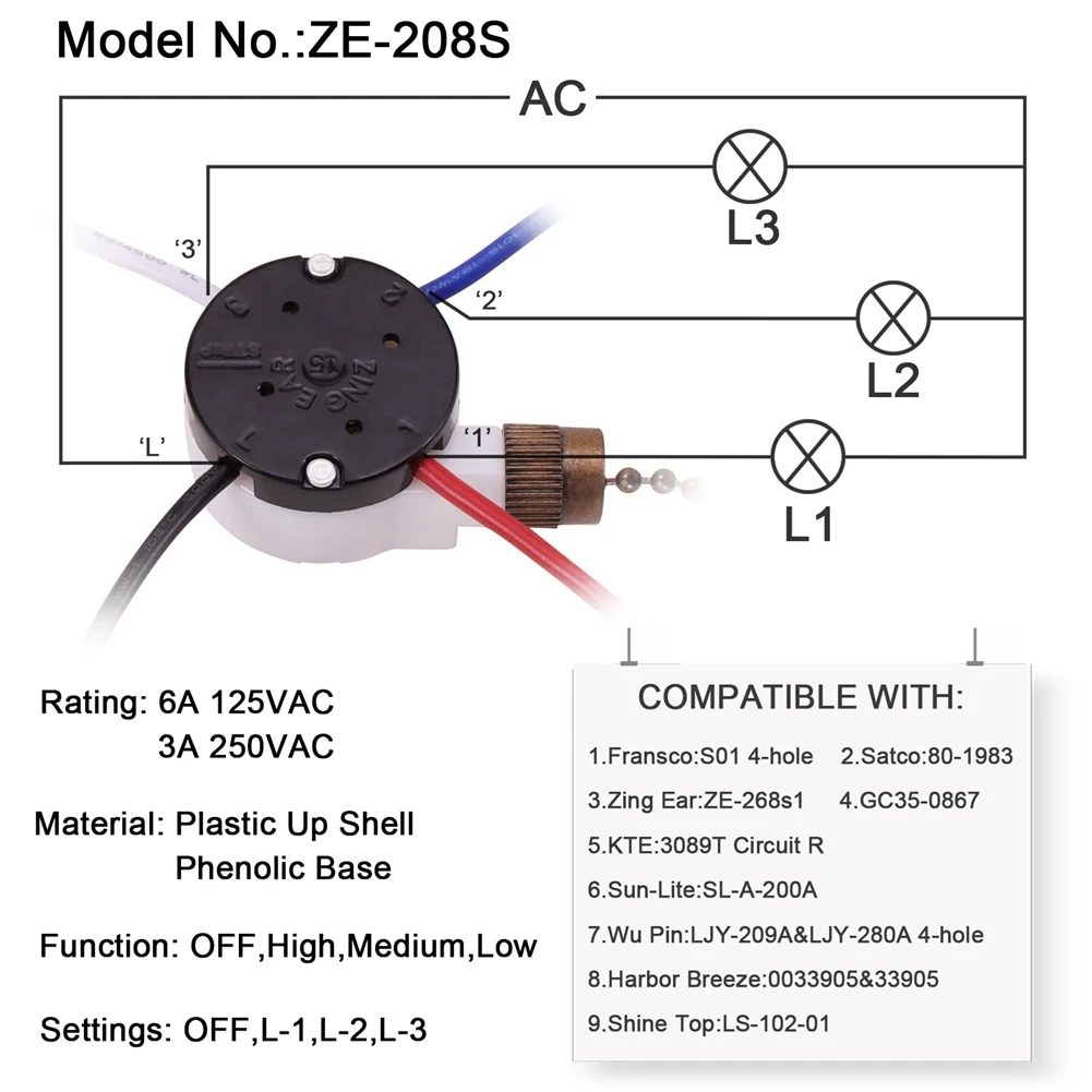3X Ceiling Fan Switch Kit 3 Speed 4 Wire, Fan Zipper Speed Control Switch, ZE-208S Pull Wire Switch With Rope Bronze-A68E