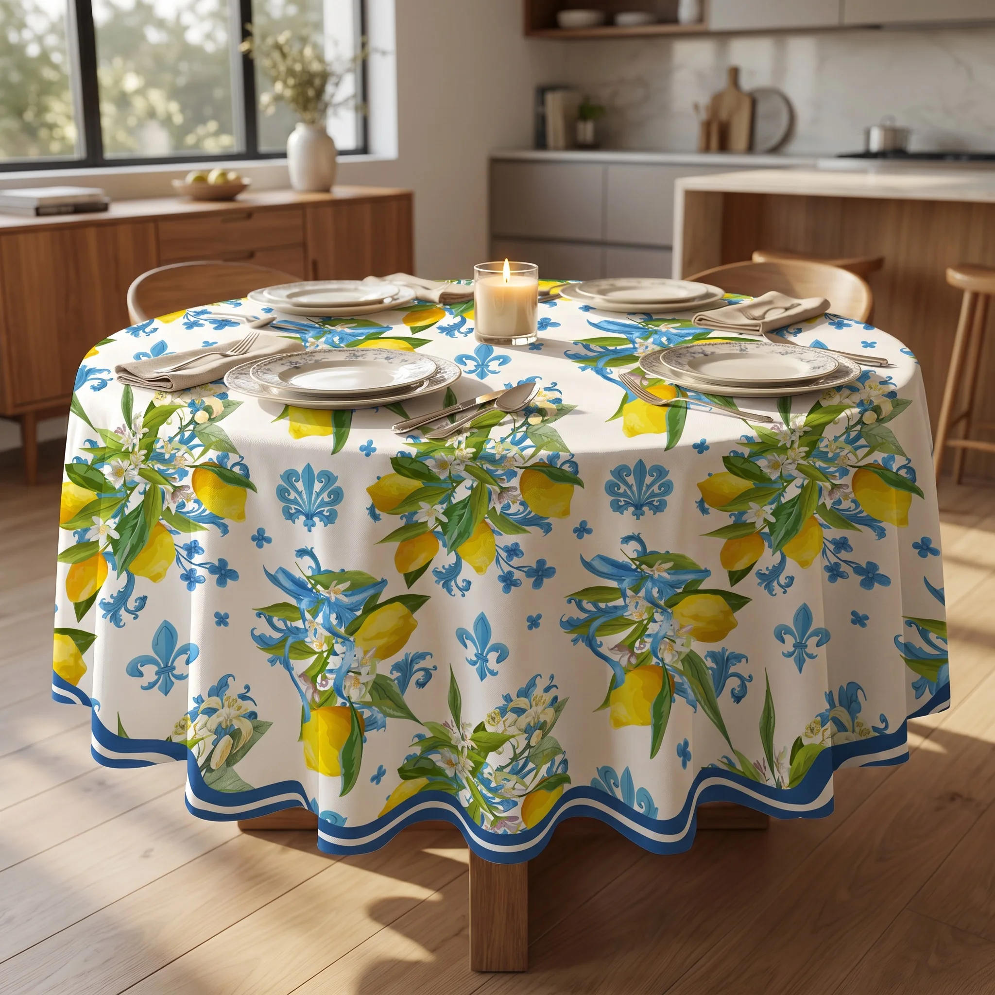 Mediterranean Summer Lemon Round/Rectangular Tablecloth - Water Lemon Indoor/Outdoor Home Table Party Decor