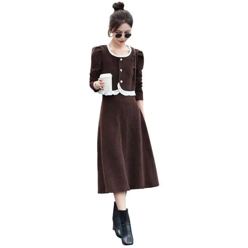 2024 Autumn Square Collar Wooden Ear Edge Top+Half Skirt Two piece Corduroy Set Skirt for Women