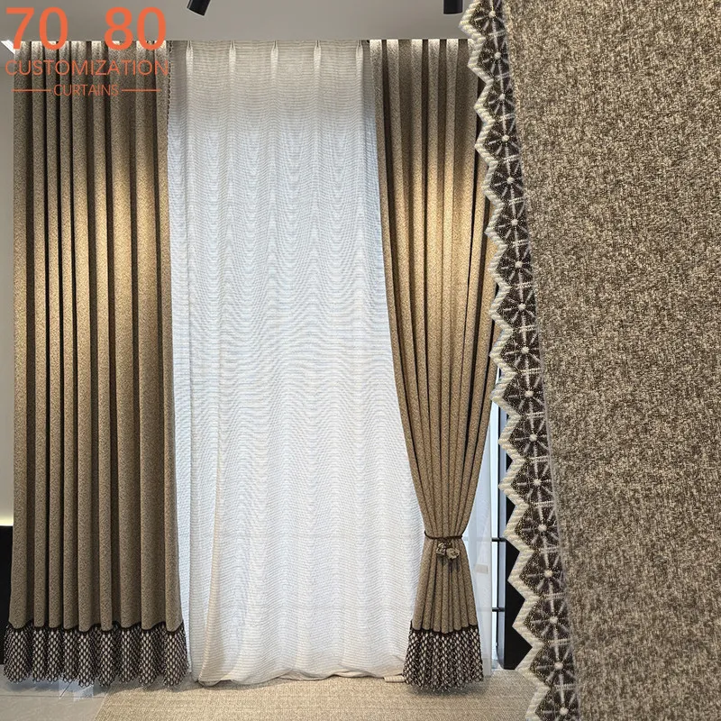 Vintage Wool Linen Tea Brown Vintage Blackout Curtains for Living Room Bedroom Partition Curtains Customized Finished Products