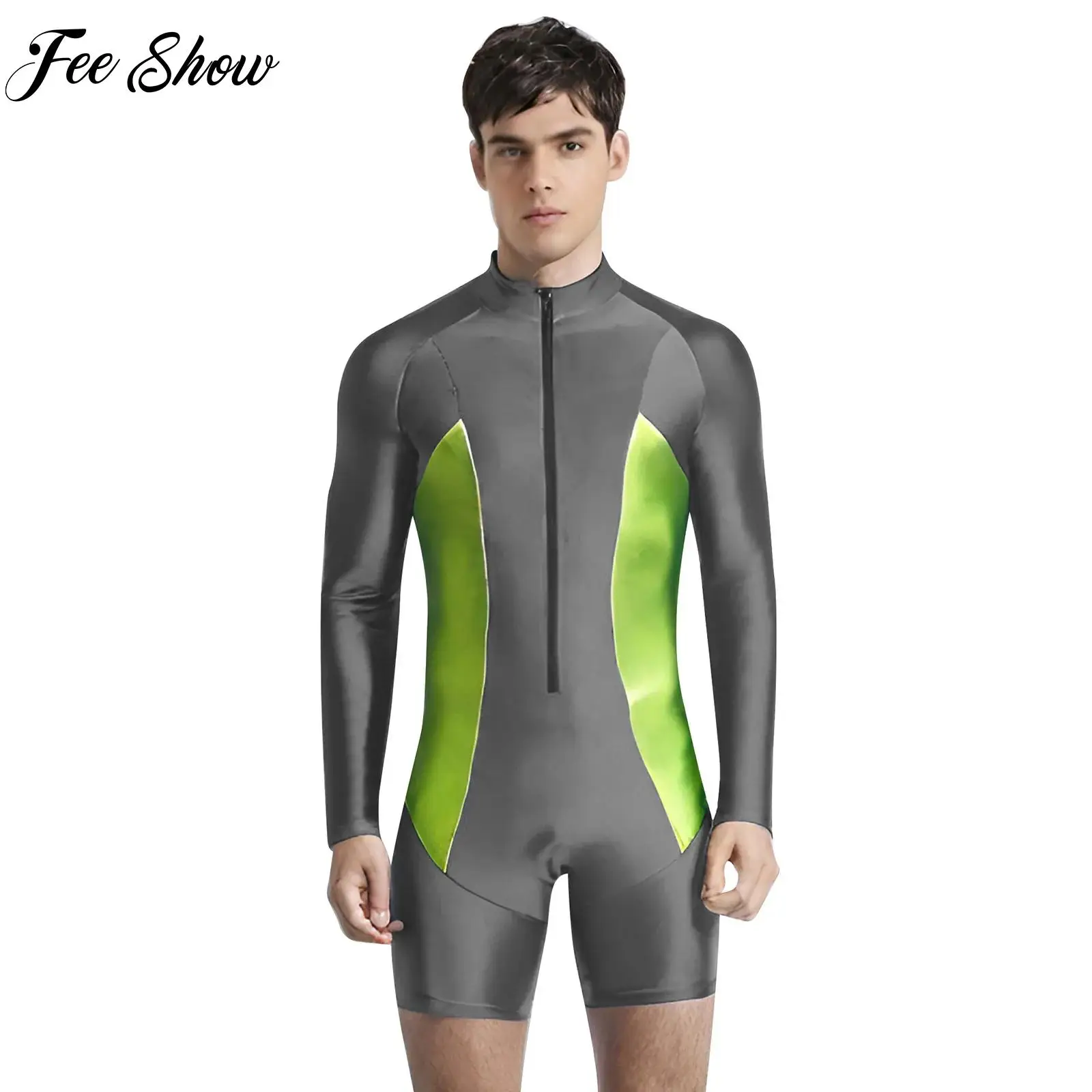 

2025 New Men One-piece Swimwear Shorty Wetsuit Long Sleeve Color Block Bodysuit Swimwear for Swimming Diving Snorkeling Surfing