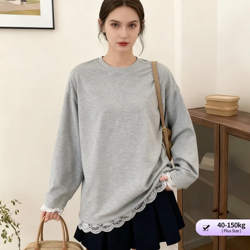 【Oversize Tops】(40-150kg) Autumn korean plain tshirt plus Size long sleeve splicing lace tshirt casual wear