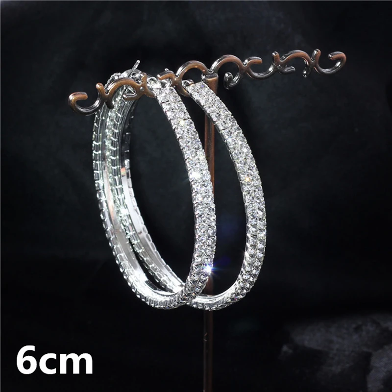 Sparkling Crystal Rhinestone Hoop Earrings for Women Silver Color Big Round Circle Statement Wedding Earrings Prom Gift