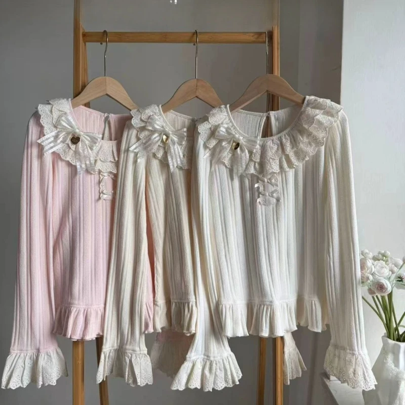 

Kawaii Sweet Lolita Style Blouse Autumn Winter Ruffle Lace Bow Sweater Tops Female Women Basic Casual Cute Slim Tops