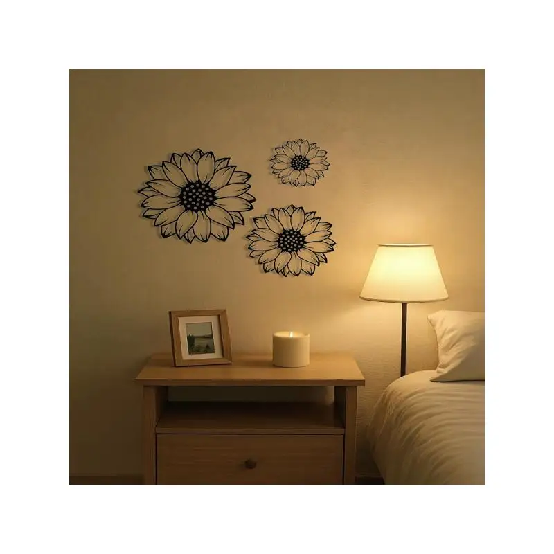 Juego de 3 siluetas de girasol, arte de pared de metal, elegantes adornos colgantes para interiores para decoración del hogar, perfecto para dormitorio,