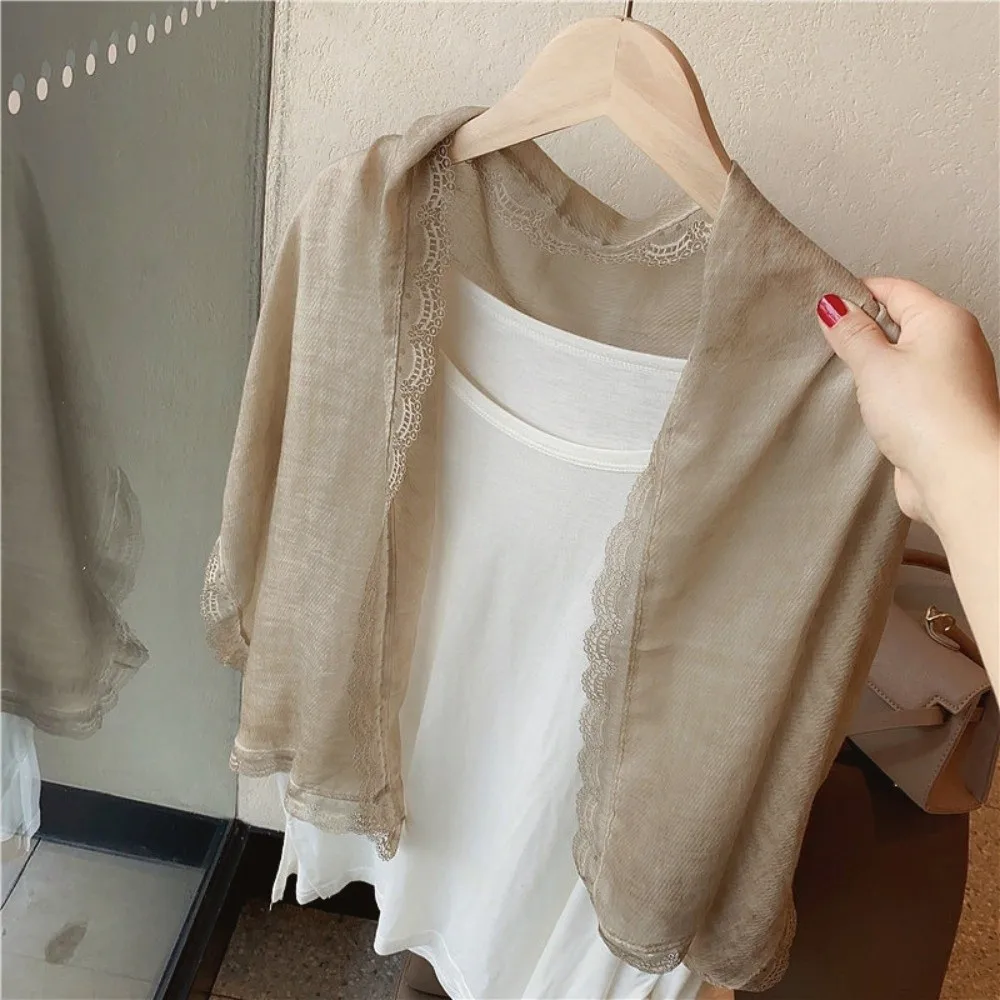 

Versatile Elegant Flaxen Lace Scarf Lace Edge Breathable Women's Shawl Solid Color Silk Scarf for Women