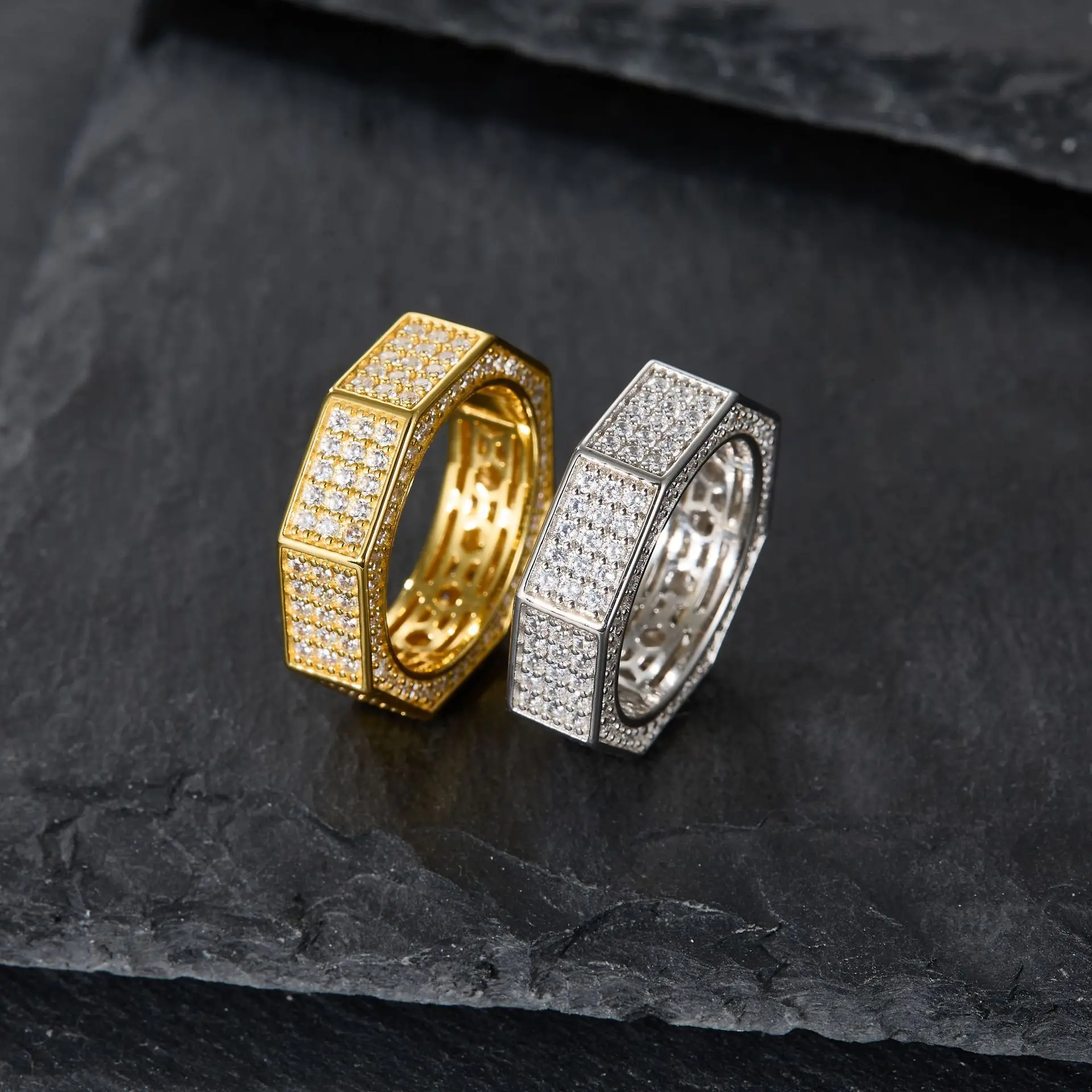 Octagon Full Paved Zircon Band Ring Hollow Inner Geometry Wide Silver Hip Hop Men Jewelry