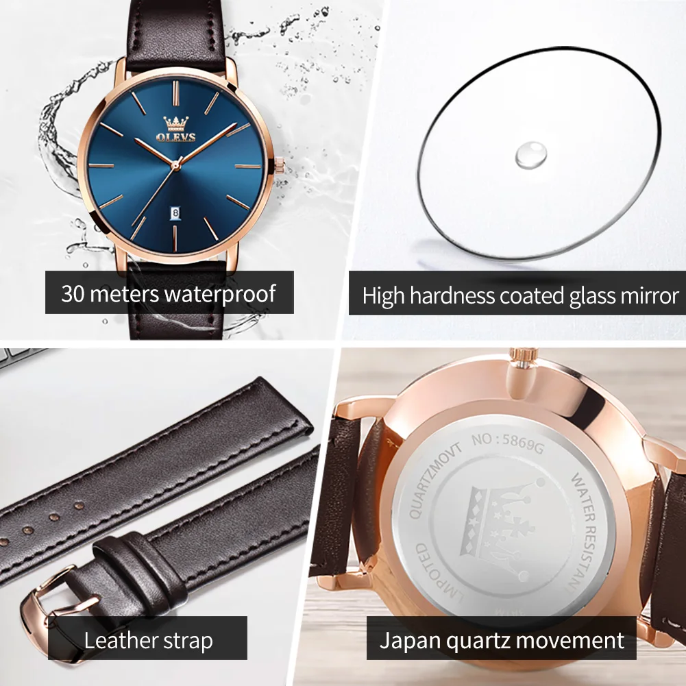 New In OLEVS Quartz Watch for Men Ultra Thin 6.5mm Minimalist Waterproof Date Bussiness Watch Fashion Leather Strap Men's Watch