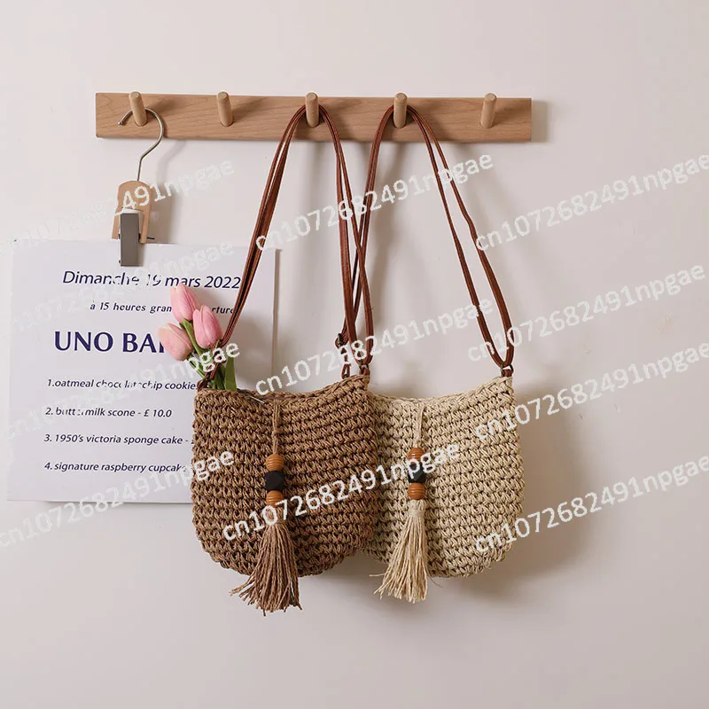 Crossbody Straw Woven Bag New Wooden Bead Fringed Straw Bag Woven Bag