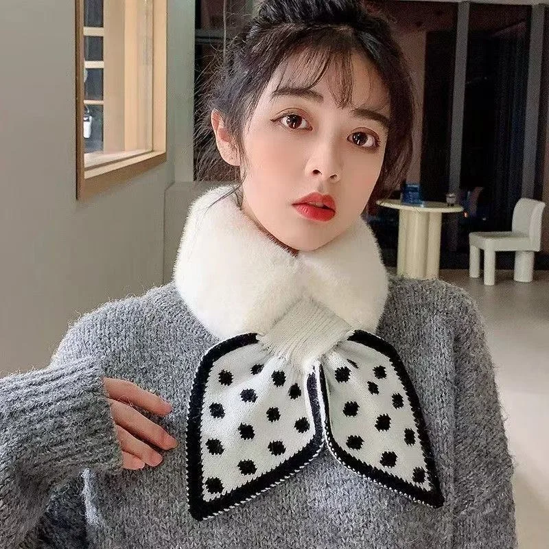 polka dot faux rabbit fur scarf for women winter warm knitted bow neckerchief soft plush false collar