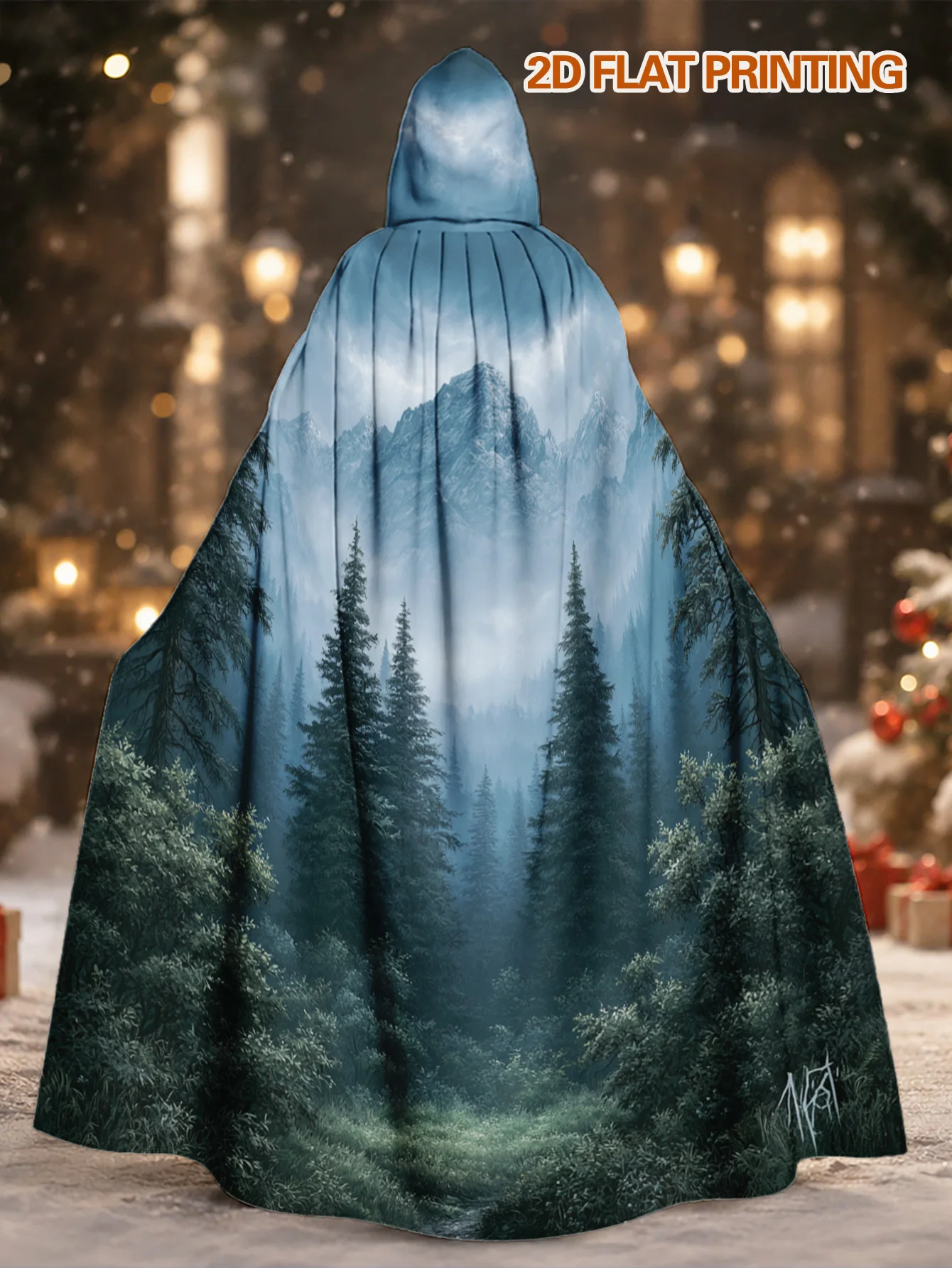 Customization 1pc, Adult Full-Length Hooded Cloak With Mystic Mountain Forest Scene Print, Polyester Costume Cape For Halloween