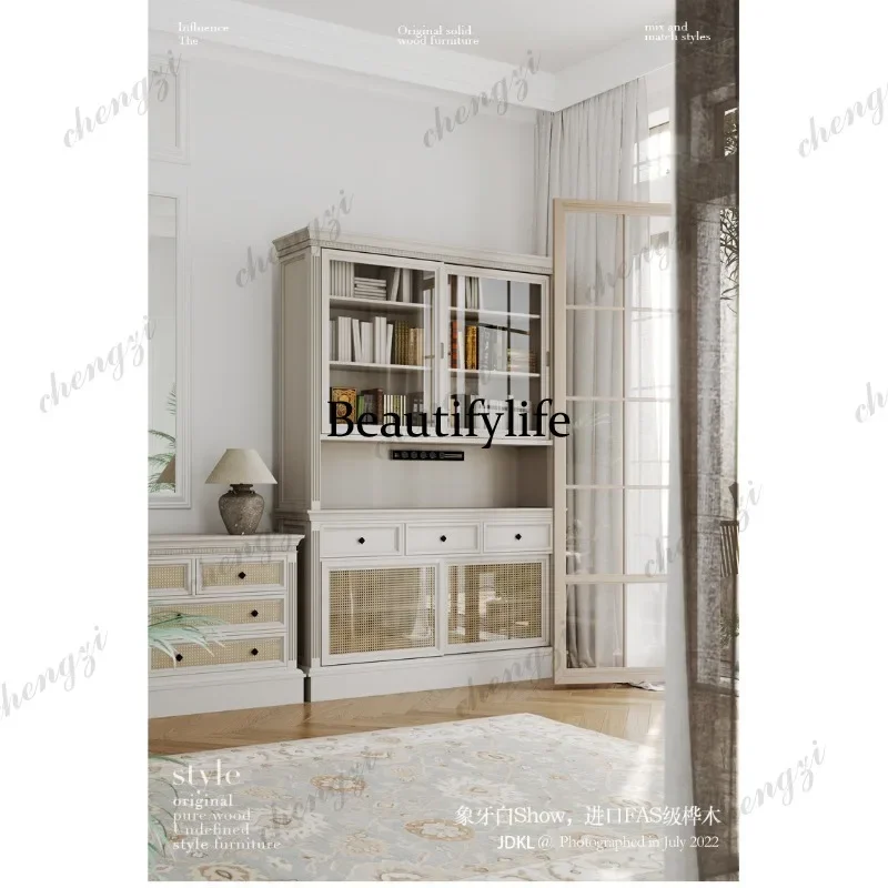 B178 American solid wood dining side cabinet cream white storage wine cabinet retro living room integrated high cabinet