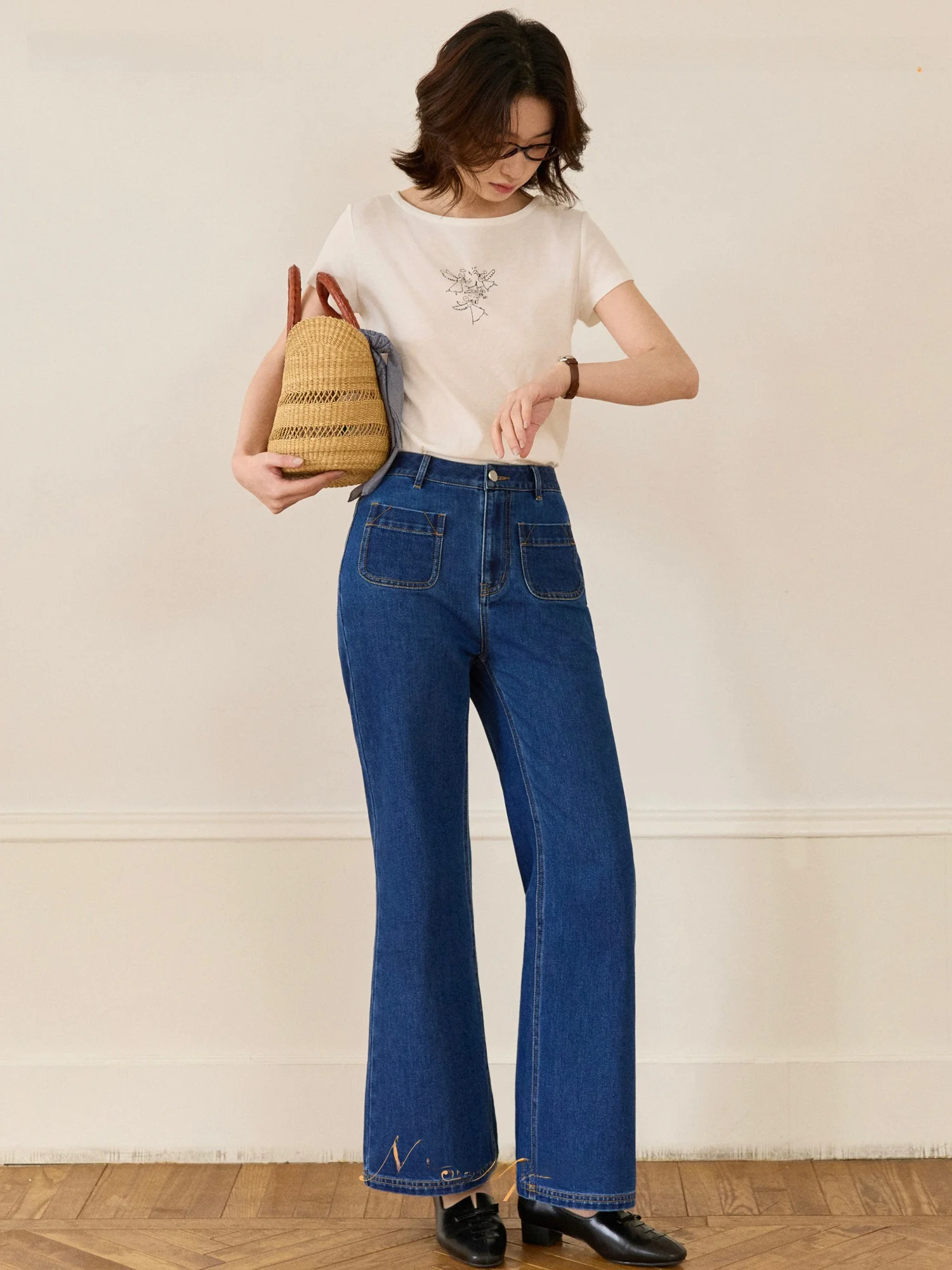 

High Waist Wide Leg Flared Jeans Women's Unhemmed Nostique Blue Coast Slimming Long Pants Spring 2026 Floral Pattern Denim