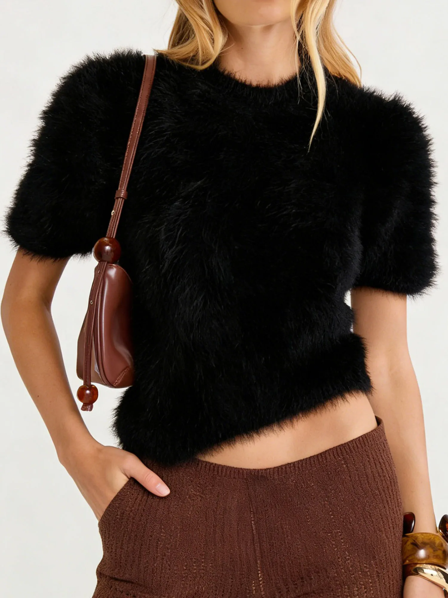 짧은 소매와 크루넥이 있는 여성용 니트 스웨터 일상 캐주얼 착용을 위한 세련된 등이 없는 타이업 풀오버 탑