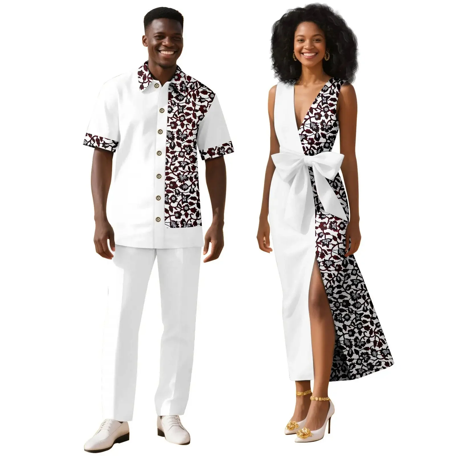 

African Sexy Print Split Dashiki Dresses Couple Matching Outfits Women's Top And Pant Sets for Wedding Party