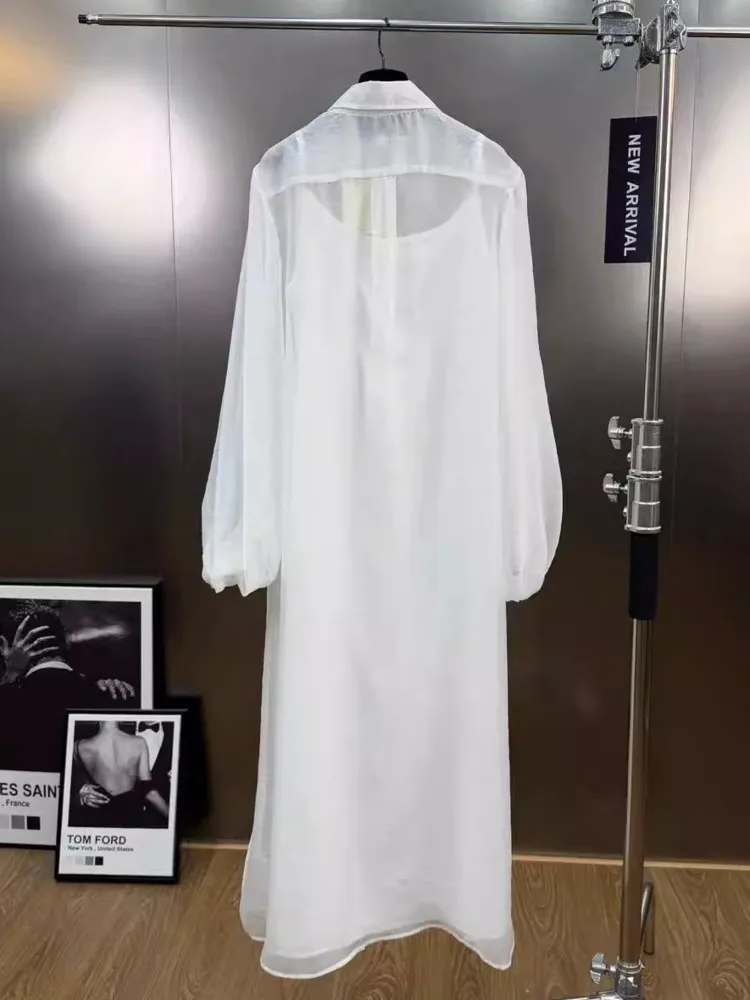 Dfdg feminino 2025 primavera verão sheer camisa vestido colarinho assimétrico botão camisola painéis magro maxi simples vestido casual