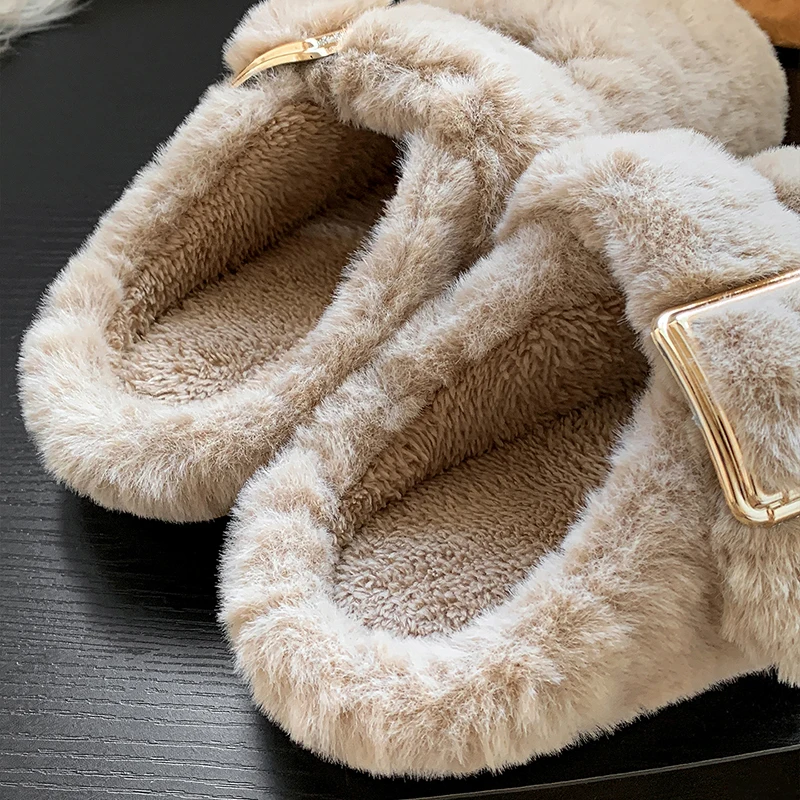 Modische Winter-Plüsch-Hausschuhe für Damen mit quadratischer Schnalle, rutschfester Plattform, warme Outdoor-Fell-Slides – Detail 5