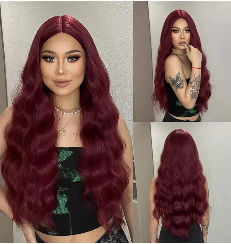 Deep red Halloween Costume Wig Long Wavy Layered Heat Resistant Hair