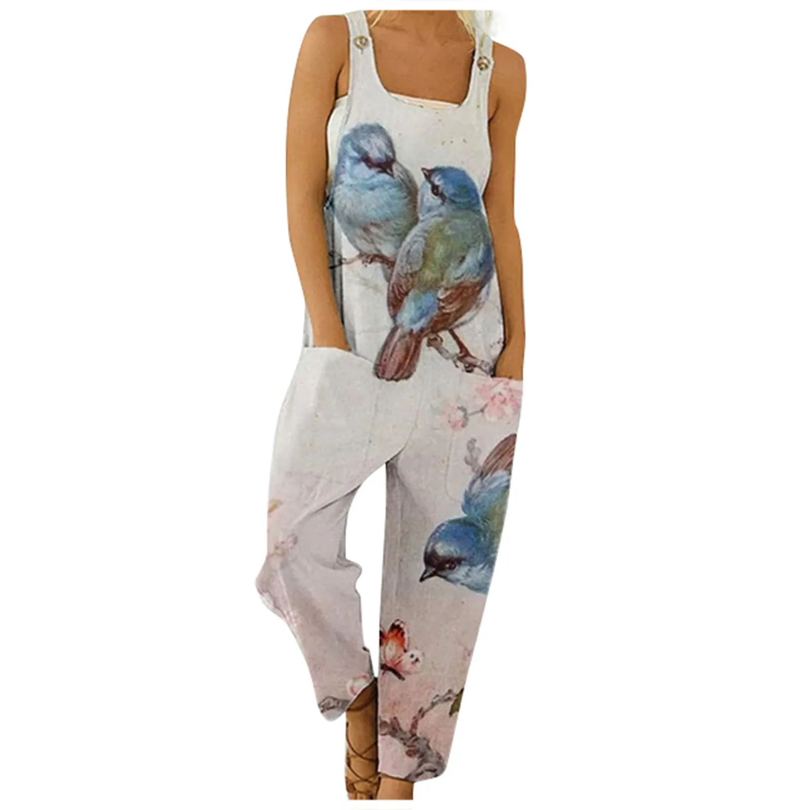 Women'S Strappy Jumpsuit Fashion Summer Sweet Loose Casual Print Retro Style Trend All-Match Cropped Jumpsuits With Pockets