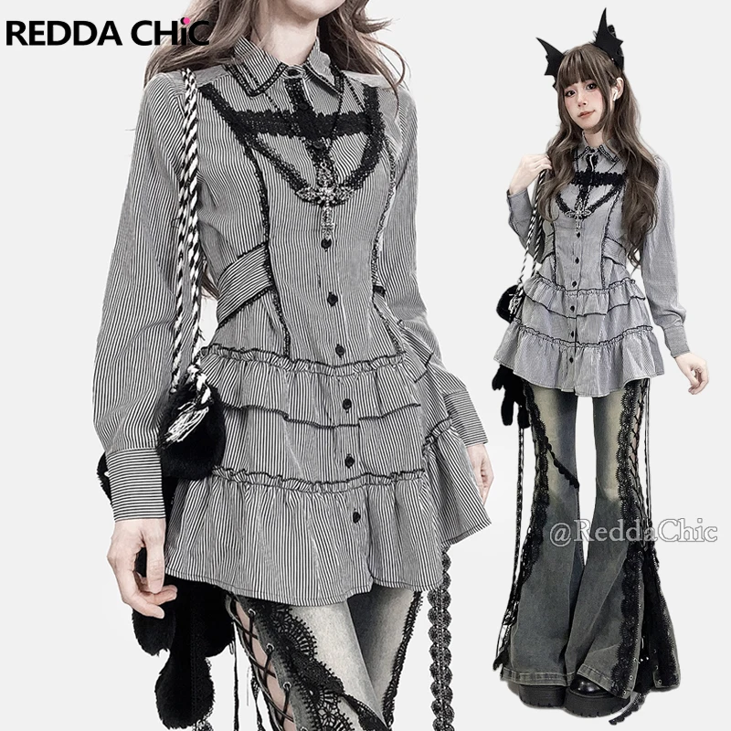 

REDDACHiC Grunge Black White Striped Shirt Extra-long Button Down Lapel Lace Trim Layered Ruffle Cake Blouse Top Acubi Fashion