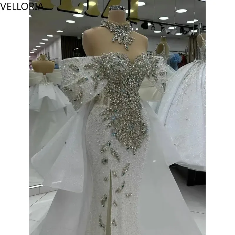 Vestidos de noite de luxo para mulheres fora do ombro sem mangas vestido de baile pérolas apliques trem cristal vestido de festa personalizado