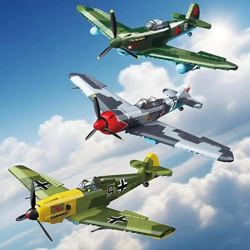 WWII Sowjet-Deutscher Propeller Kampfflugzeug Bausteine Set BF109-4 & Yak-1B & La-7 Flugzeugmodelle Ziegel Kinderspielzeug Geschenke