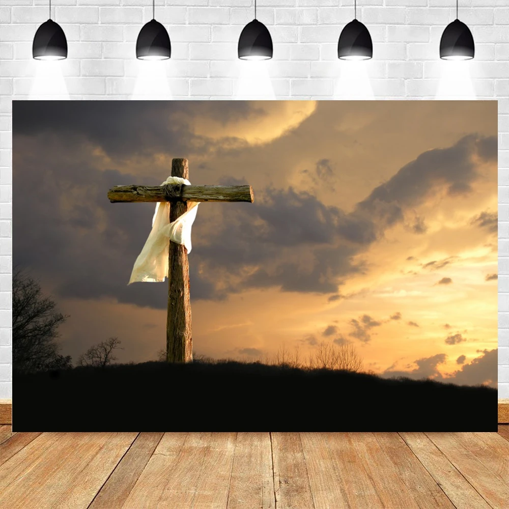 Jesus Christ Cross Photography Backdrop Dusk Sunset Mountain Natural Scene Nativity Holy Bible Easter Christmas Photo Background