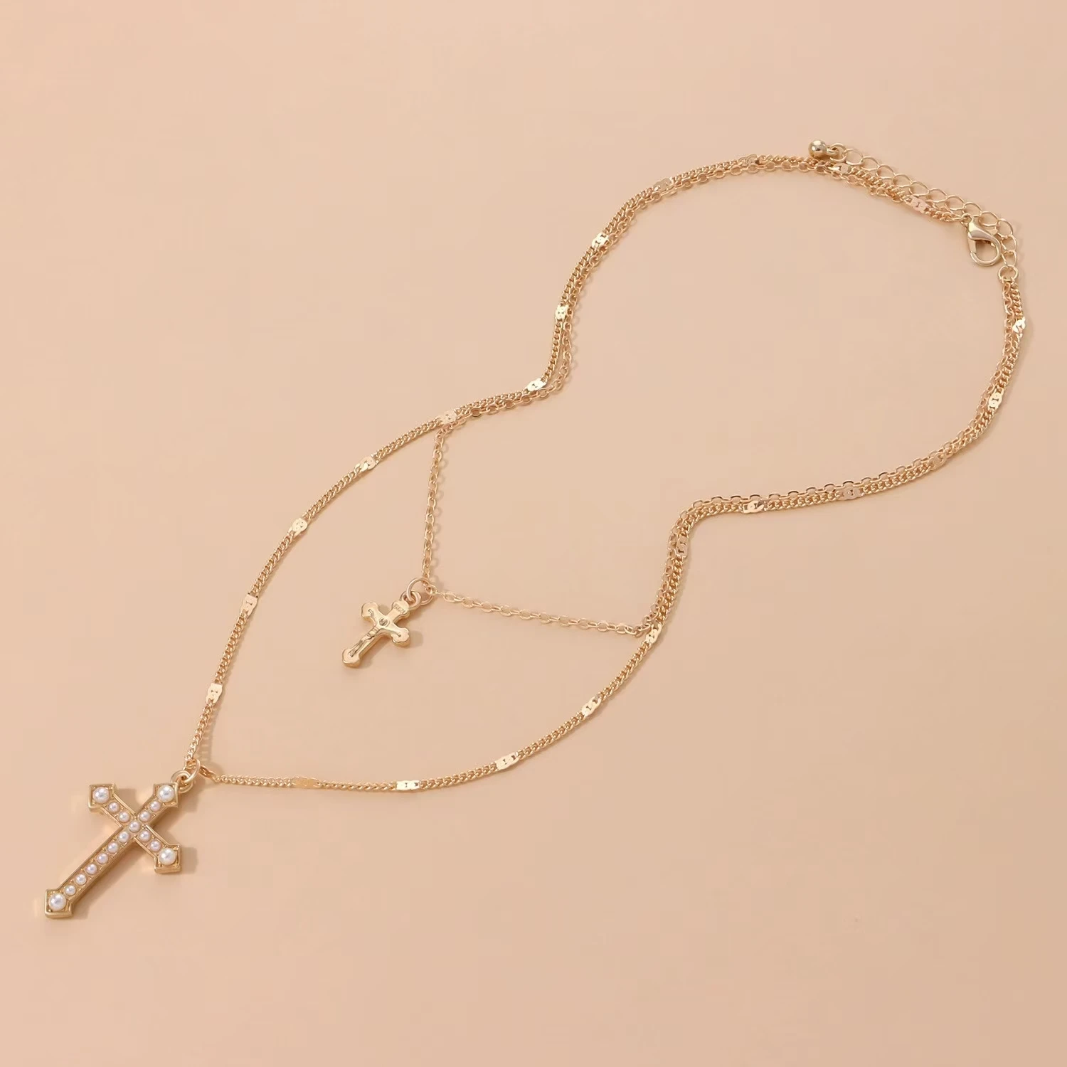 Fashion Pearl Cross Pendant Double layer Necklace Women and Girls Punk Party Jewelry