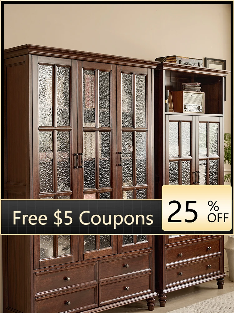 

Книжный шкаф LX из массива дерева, с тремя или двумя стеклянными дверцами, винтажный стиль, для хранения книг и вина