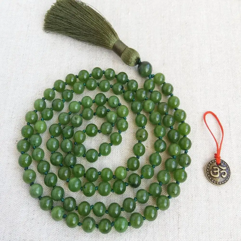

Natural Green Nephrite/Jade 108 Mala Beads Necklace with Olive Tassel Growth & Heart Chakra Healing Crystal Jewelry