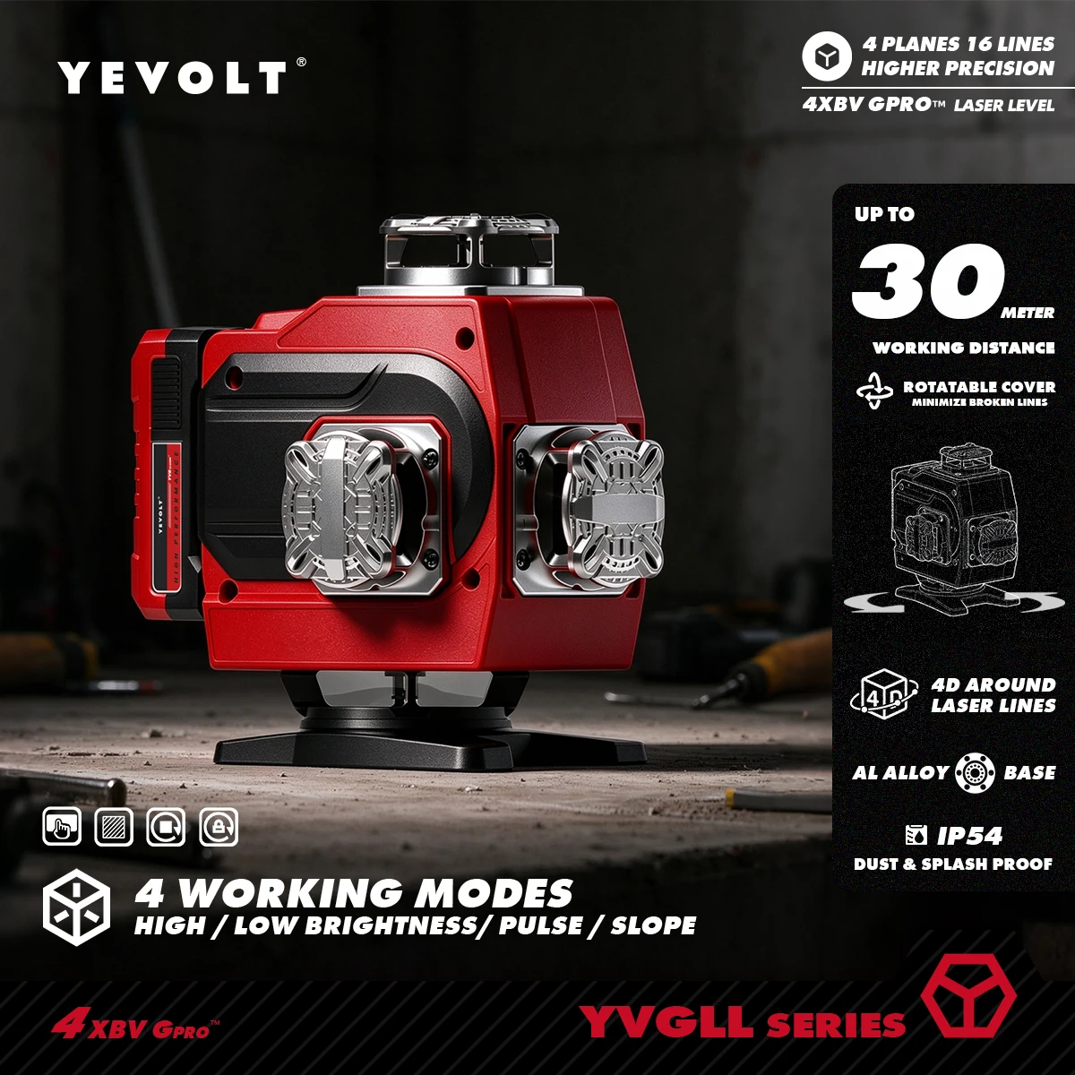 YEVOLT Red Laser Level 4-Plane 16-Line Self-leveling 360 4D Power Tools Measuring Household DIY Tool Tile Wall Alignment Work