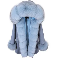 MAOMAOKONG 2024 Winter Women Coat Natural Fox Fur Collar Cuff Black Jackets Outwear Thick Luxury Real Fur Parka Women's Fur Coat