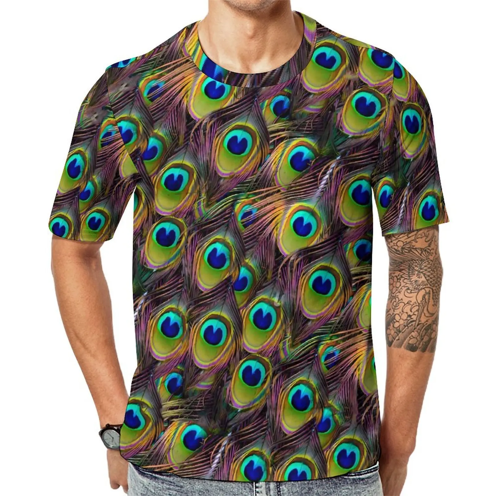 Colorful Peacock Feathers T Shirt Blue and Green Hip Hop T Shirts Mens Awesome Tshirt Short Sleeves Design Tops Plus Size