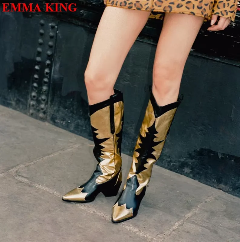 مختلط اللون حذاء بكعب سميك أحذية كاوبوي للنساء موضة أشار تو الانزلاق على حذاء برقبة للركبة الشتاء الخريف أحذية رعاة البقر الغربية