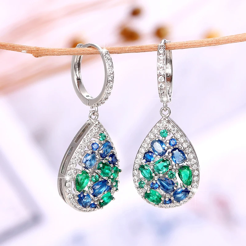 Huitan Vintage Women Drop Earrings with Blue/Green Cubic Zirconia Temperament Female Ear Accessory for Party Anniversary Jewelry