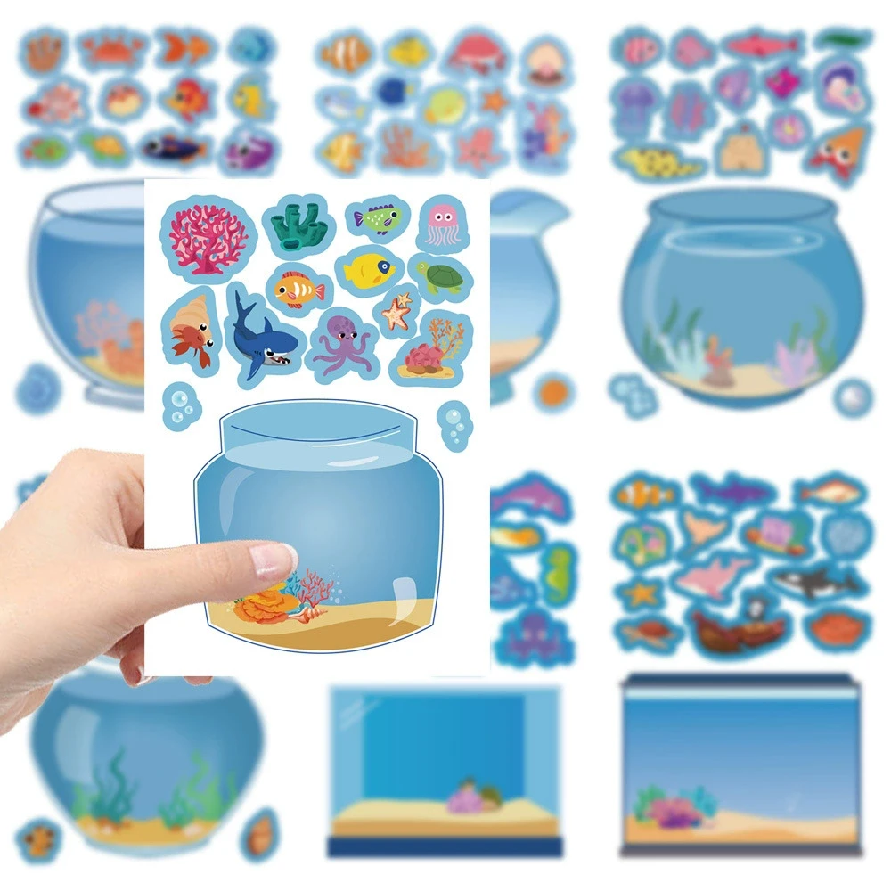 

8/16sheets Creative Fish Tank Puzzle Stickers Toy Children DIY Notebook Desktop Bike Cute Sea Fish Decoration Waterproof Sticker