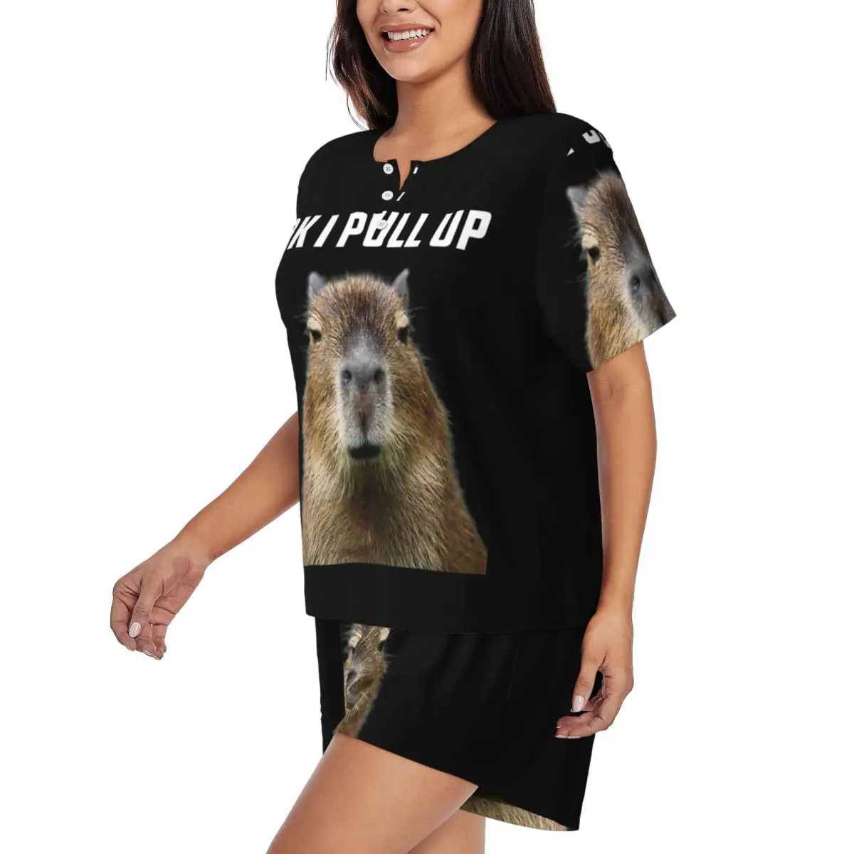 Custom Printed Womens Ok I Pull Up Capybara Pajamas Set Short Sleeve 2 Piece Sleepwear Pj Lounge Sets