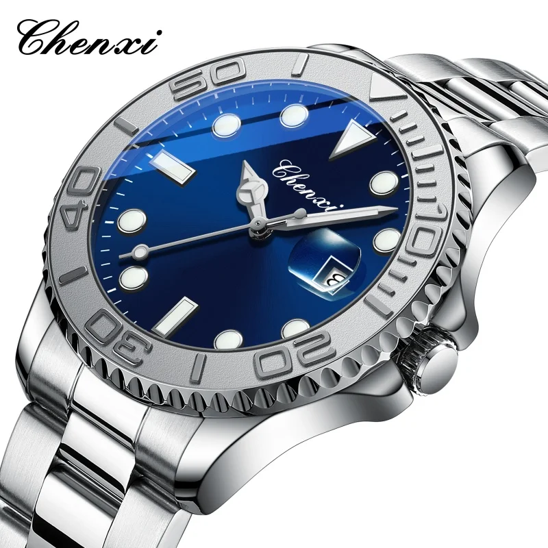 

CHENXI 615, повседневные мужские кварцевые часы, простой календарь, светящийся водонепроницаемый ремешок из нержавеющей стали, деловые модные мужские часы