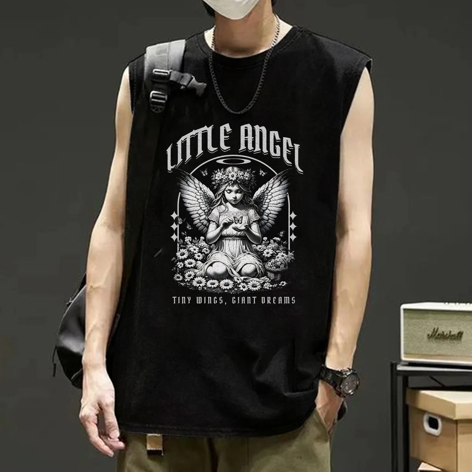 Little angel Design Printed Sleeveless Tshirts for Men Hip Hop Oversized Streetwear Casual T-shirt Mlae Black Clothes