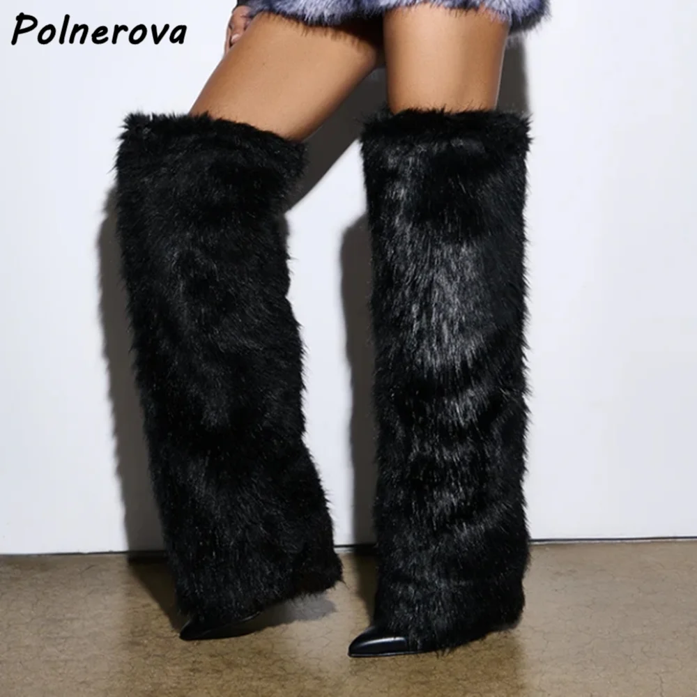 Furry Warm Thigh High Boots Pointy Toe Thin Heels Slip On Fashion Luxury Shoes Winter Sexy Women Concise Black Beige Boots 2025 - Image 4